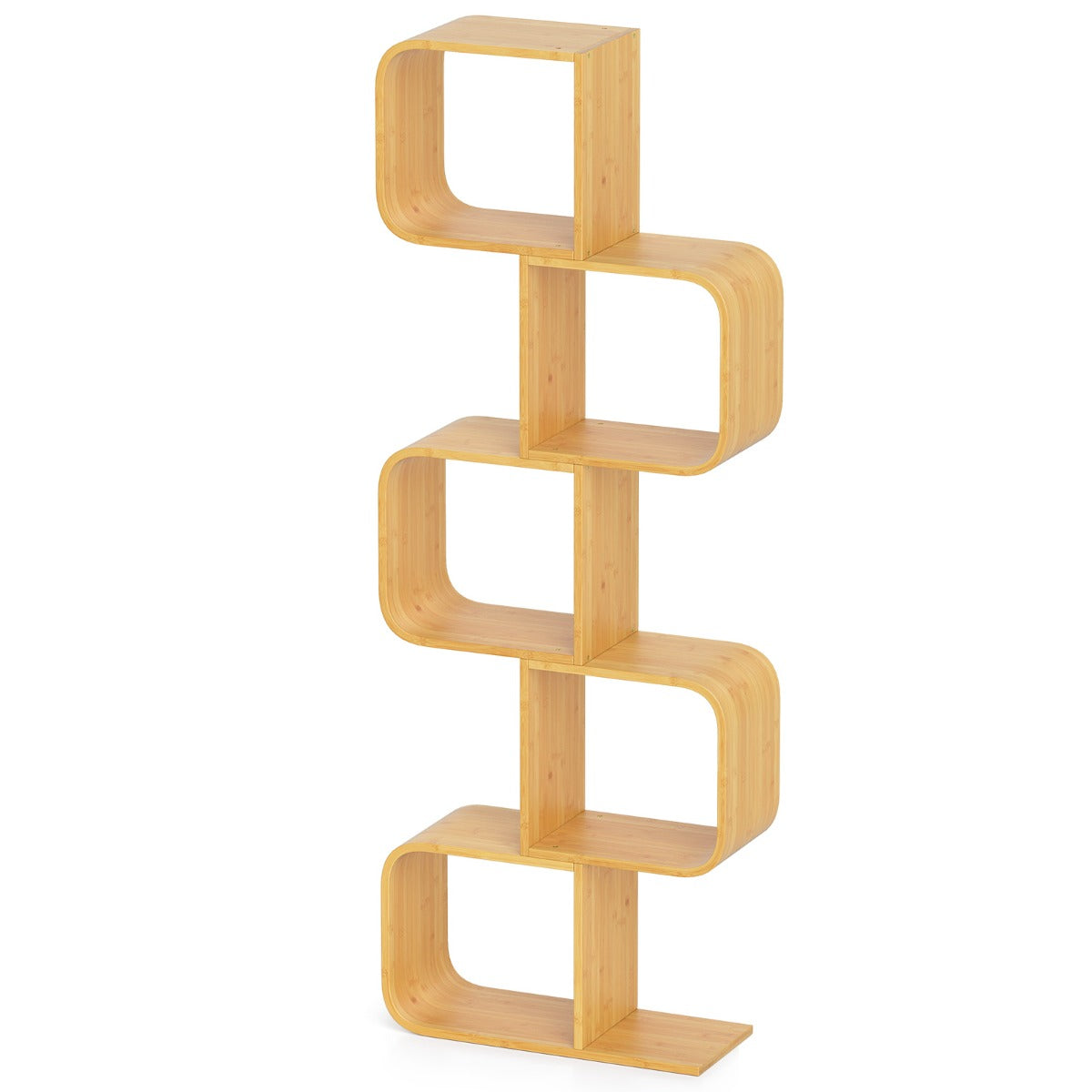 Libreria mensola in bamb¨´ con 5 cubi aperti a 5 livelli a forma di S-Libreria scaffale geometrico angolare esposizione Naturale