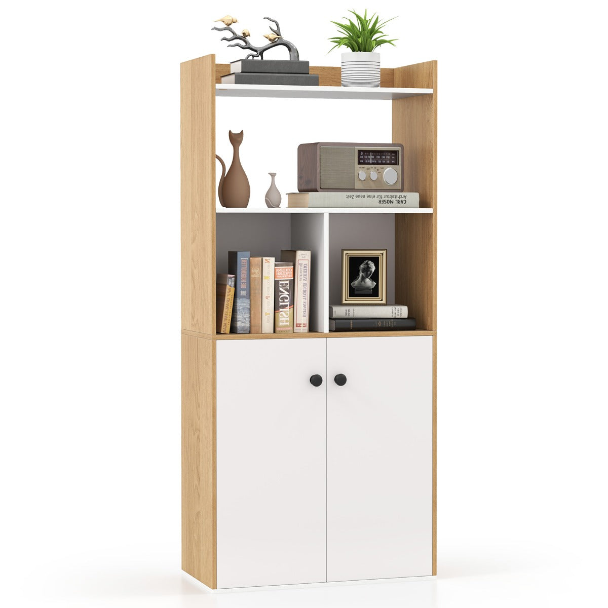 Libreria moderno con ripiani ante e scomparti aperti-Scaffale multiuso con gambe inclinate per soggiorno 60x30x140cm