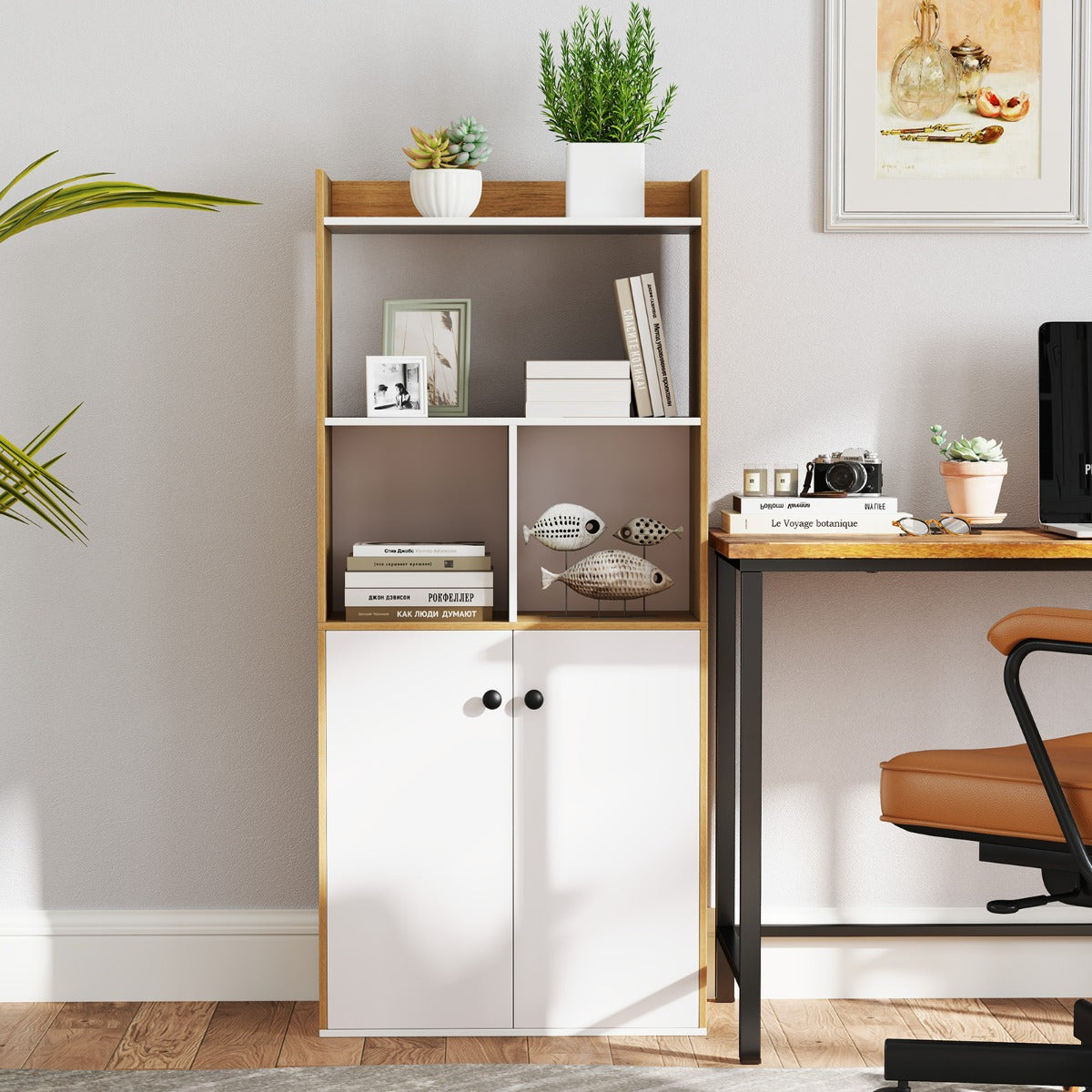 Libreria moderno con ripiani ante e scomparti aperti-Scaffale multiuso con gambe inclinate per soggiorno 60x30x140cm