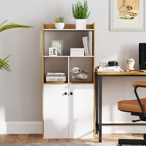 Libreria moderno con ripiani ante e scomparti aperti-Scaffale multiuso con gambe inclinate per soggiorno 60x30x140cm