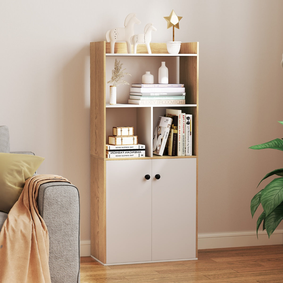 Libreria moderno con ripiani ante e scomparti aperti-Scaffale multiuso con gambe inclinate per soggiorno 60x30x140cm