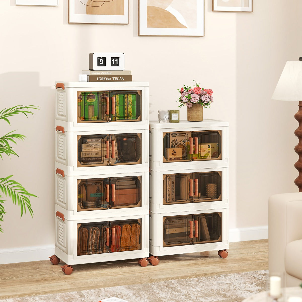 Contenitori pieghevoli per organizzatore di armadio con coperchio da 76 l, Contenitori pieghevoli set da 4 scatole Bianco e Marrone-Cassettiere