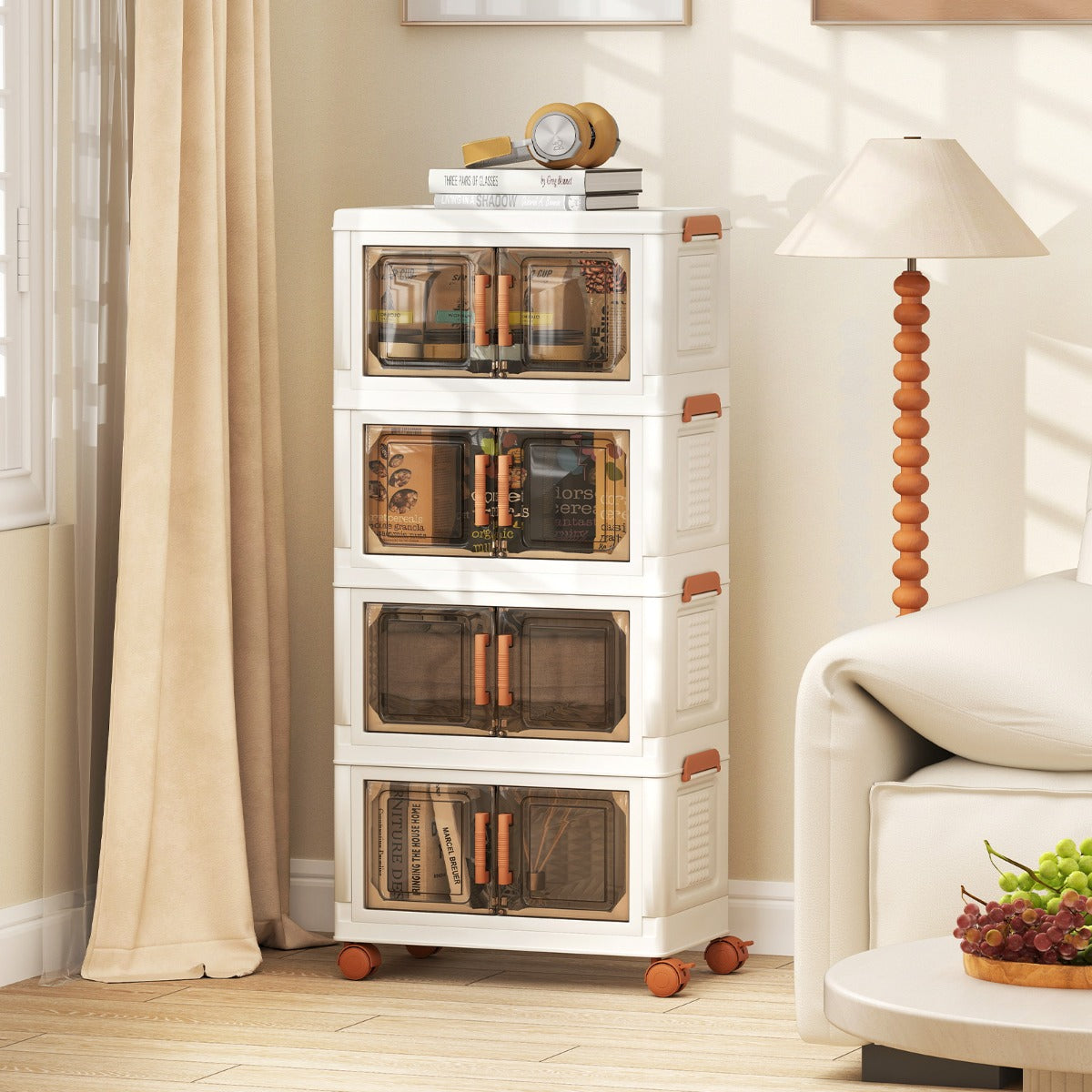 Contenitori pieghevoli per organizzatore di armadio con coperchio da 76 l, Contenitori pieghevoli set da 4 scatole Bianco e Marrone-Cassettiere