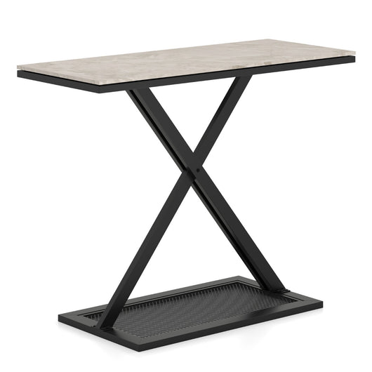 Tavolo consolle con piano in marmo finto da salotto con piedini regolabile, Tavolo da ingresso con struttura metallica Bianco e Nero-Consolle