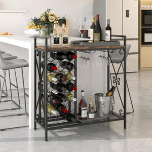 Portabottiglie da vino a 21 bottiglie, Organizzatore da terra con supporto per bicchieri e piano in legno Marrone + Nero-Portabottiglie