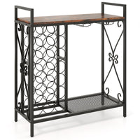 Portabottiglie da vino a 21 bottiglie, Organizzatore da terra con supporto per bicchieri e piano in legno Marrone + Nero-Portabottiglie