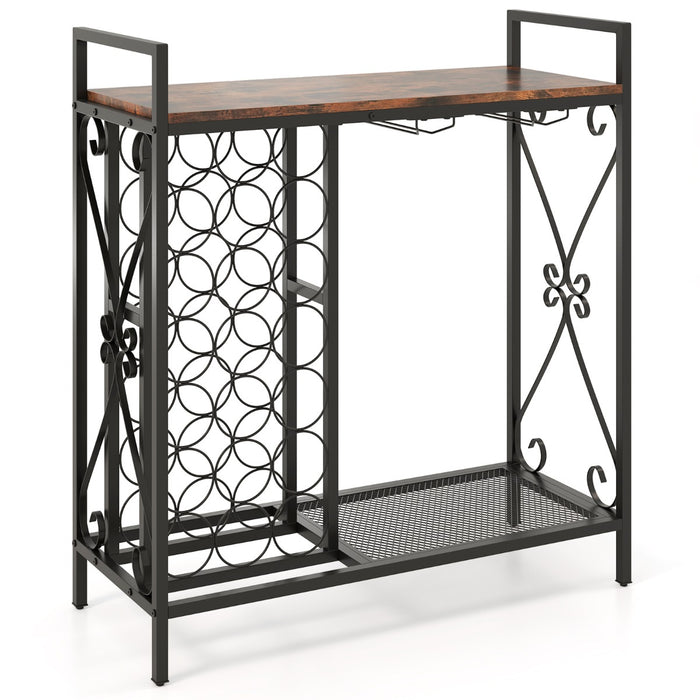 Portabottiglie da vino a 21 bottiglie, Organizzatore da terra con supporto per bicchieri e piano in legno Marrone + Nero-Portabottiglie