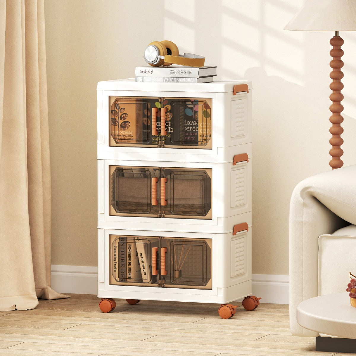 Contenitori pieghevoli per organizzatore di armadio con coperchio da 57 l, Contenitori pieghevoli set da 3 scatole Bianco e Marrone-Cassettiere