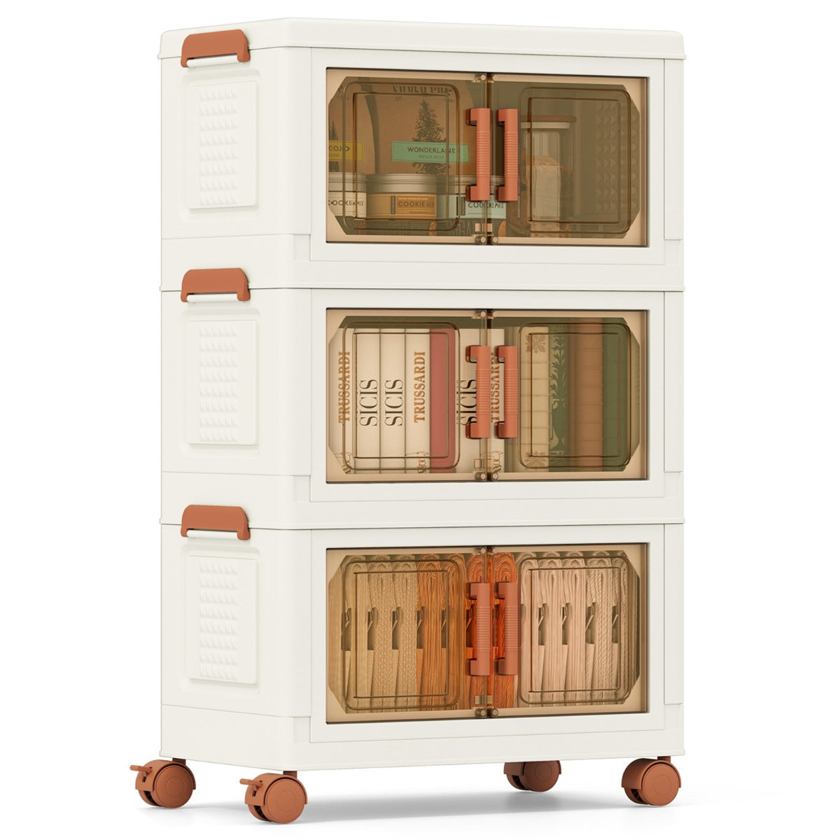 Contenitori pieghevoli per organizzatore di armadio con coperchio da 57 l, Contenitori pieghevoli set da 3 scatole Bianco e Marrone-Cassettiere