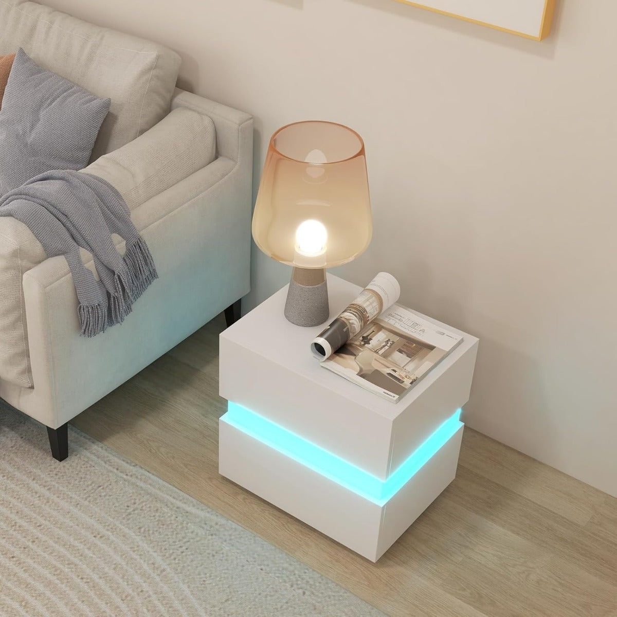 Tavolino comodino a LED con cassetti e telecomando, Comodino con 22 modalit¨¤ di luce, 10 velocit¨¤ e 5 luminosit¨¤ Bianco-Comodini