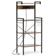 Scaffale da cucina con prese di corrente, Supporto per microonde a 4 livelli con 8 ganci a S Marrone rustico-Scaffali e librerie
