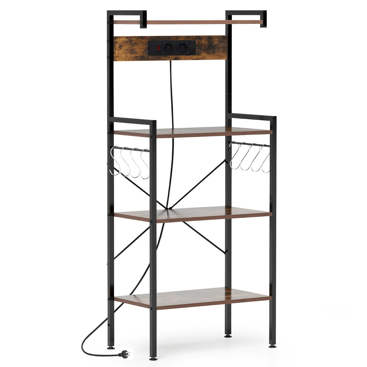 Scaffale da cucina con prese di corrente, Supporto per microonde a 4 livelli con 8 ganci a S Marrone rustico-Scaffali e librerie