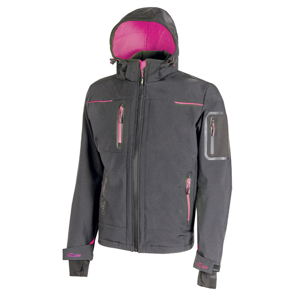 Giacca lavoro donna softshell chiusura zip cappuccio colore grey fucsia upower *** misura large - l, confezione 1