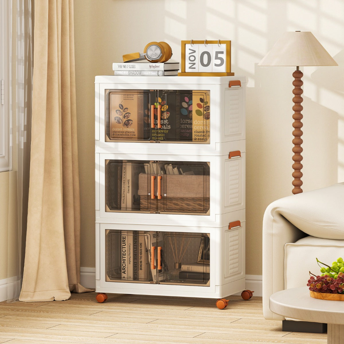 Contenitori pieghevoli per organizzatore di armadio con coperchio da 156 l, Contenitori pieghevoli set da 3 scatole Bianco e Marrone-Cassettiere