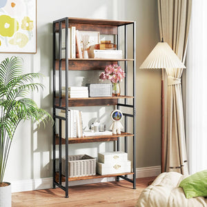 Libreria a 5 ripiani con struttura in metallo robusto-Scaffale alta 157 cm con ripiani regolabili e inclinabili Marrone Rustico
