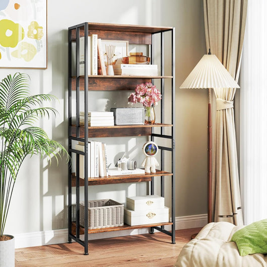 Libreria a 5 ripiani con struttura in metallo robusto-Scaffale alta 157 cm con ripiani regolabili e inclinabili Marrone Rustico