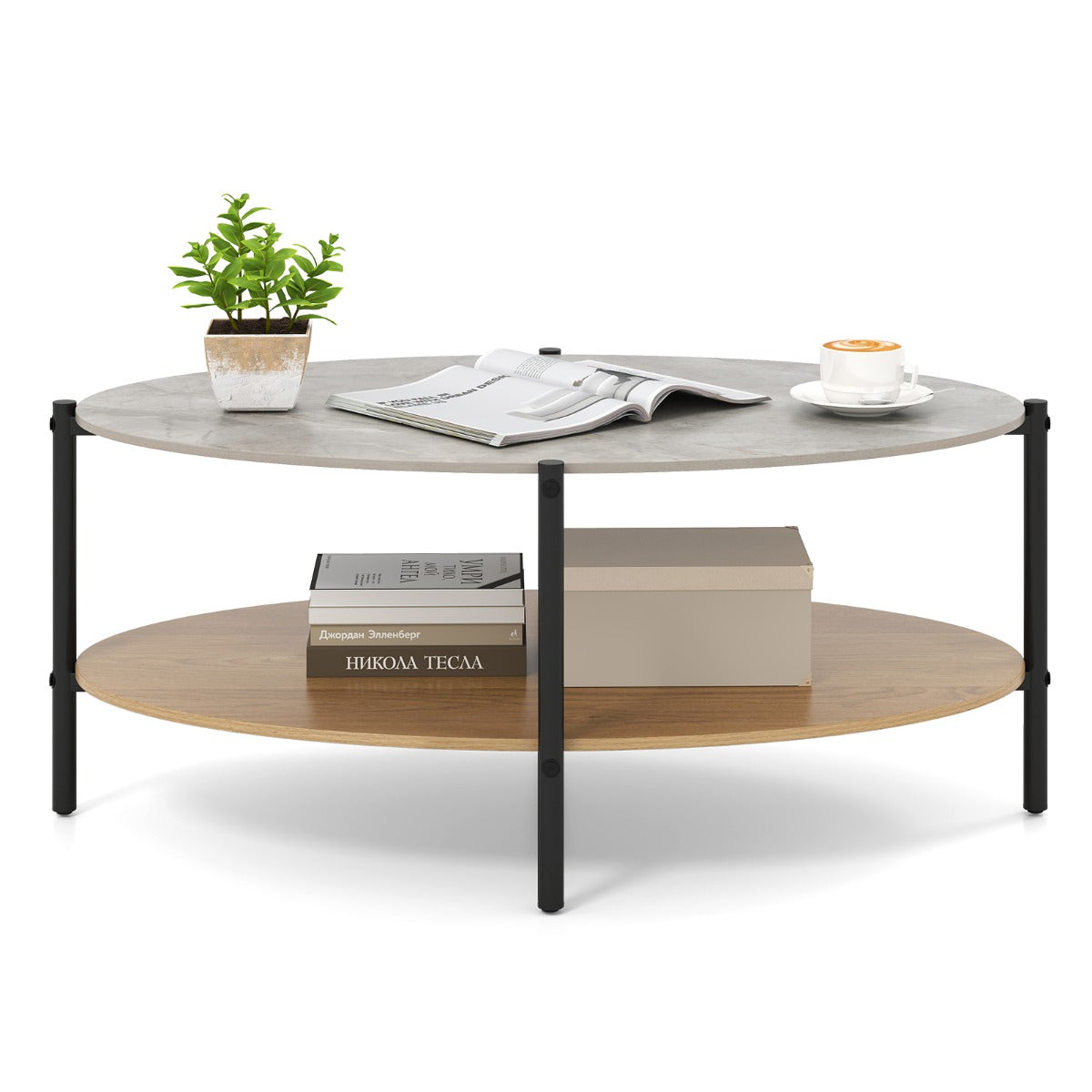 Tavolino da caff¨¨ ovale a 2 livelli con piano in pietra in metallo e ripiano aperto-Tavolo d¡¯appoggio per soggiorno o sala d¡¯attesa Naturale++Grigio