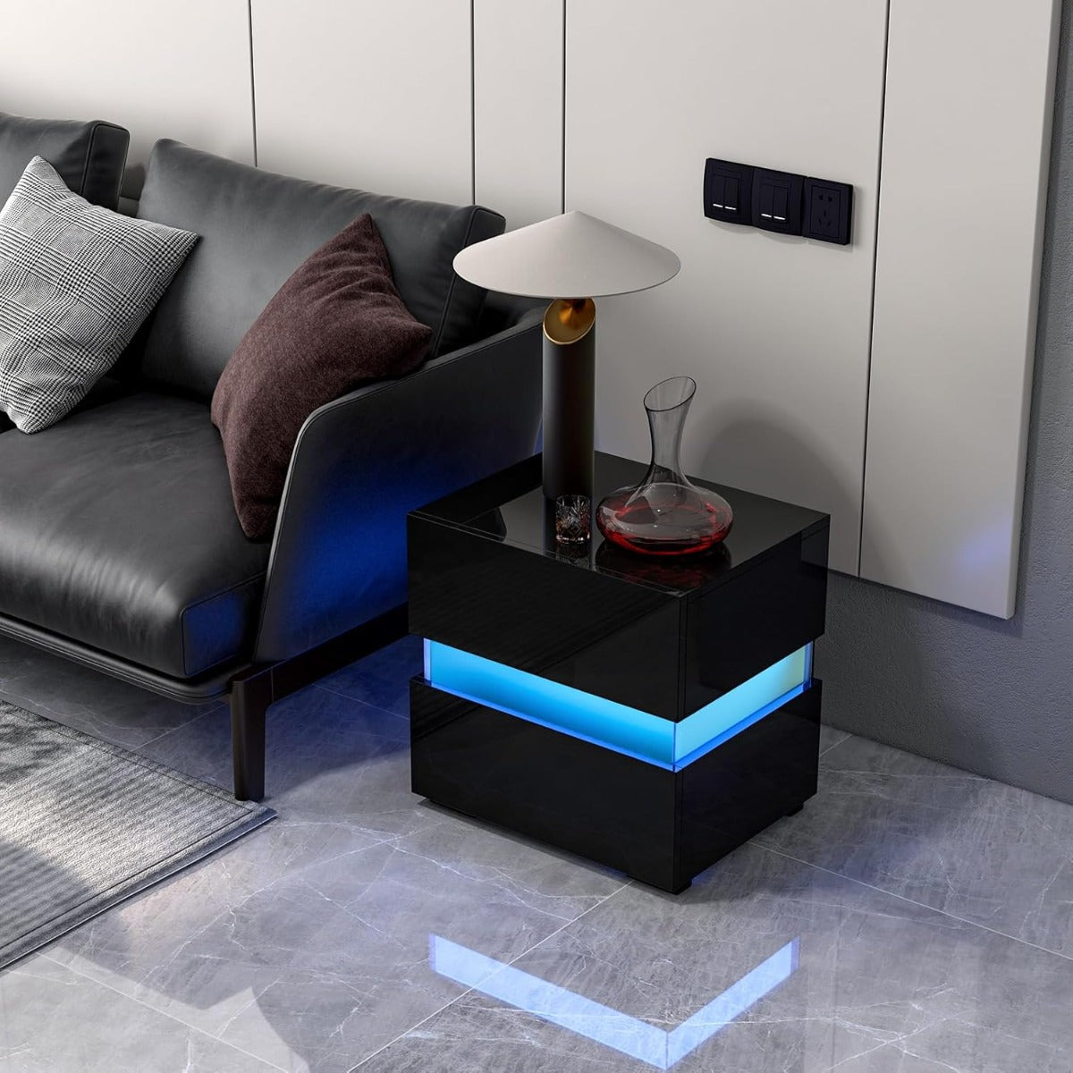 Tavolino comodino a LED con cassetti e telecomando, Comodino con 22 modalit¨¤ di luce, 10 velocit¨¤ e 5 luminosit¨¤ Nero-Comodini