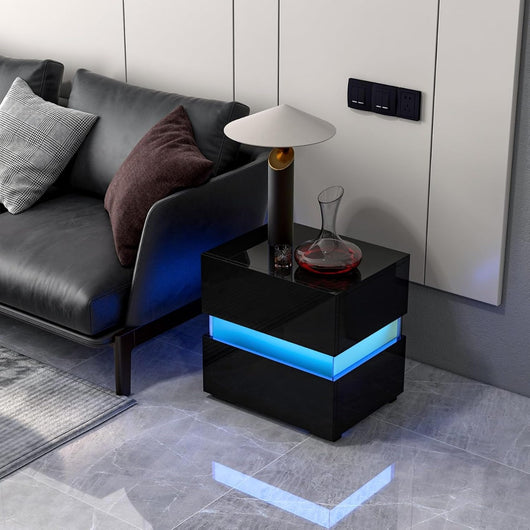 Tavolino comodino a LED con cassetti e telecomando, Comodino con 22 modalit¨¤ di luce, 10 velocit¨¤ e 5 luminosit¨¤ Nero-Comodini