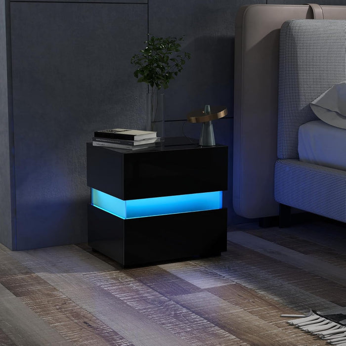 Tavolino comodino a LED con cassetti e telecomando, Comodino con 22 modalit¨¤ di luce, 10 velocit¨¤ e 5 luminosit¨¤ Nero-Comodini