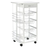 Carrello da Cucina Salvaspazio in Legno Bianco, Portavivande con 1 Piano di Lavoro 1 Cassetto e 4 Cestelli Metallici, 47x37x83cm