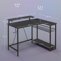 Scrivania Angolare Reversibile con LED, Prese di Corrente e Prese USB, Ripiani e Supporto Monitor, Nero