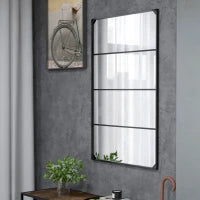Specchio da Parete in Stile Industriale con 4 Ganci, in Vetro Multistrato, Metallo e MDF, 109x2x69 cm, Nero