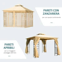 Gazebo da Giardino 3x3m con Zanzariera, Telaio in Acciaio e Doppio Tettuccio, Beige