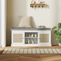 Panca Porta Scarpe con Ante Frontali in Rattan e Ripiani Regolabili 105x35x47 cm Bianco