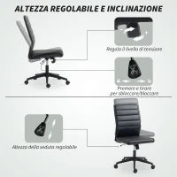 Sedia da Ufficio Ergonomica e Regolabile con Schienale Ricurvo, in Pelle PU e Acciaio, 58x53x97-107 cm, Nero