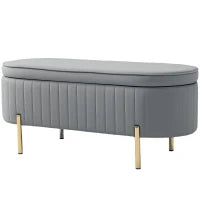 Panca Contenitore Ovale da 72L con Coperchio Sollevabile, in Tessuto Vellutato e Legno, 108x44x43.5 cm, Grigio