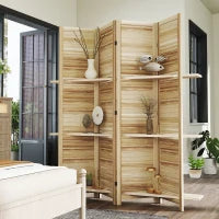 Paravento interno in legno a 4 pannelli, pieghevole con 3 ripiani, 160 x 170 cm, Legno naturale