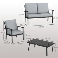 Set da Giardino 4 Pezzi con 2 Poltroncine, Divano 2 Posti e Tavolino, in Alluminio e Fibra, Grigio Carbone