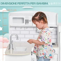 Cucina Giocattolo per Bambini in Legno con 14 Accessori, Forno, Lavandino, Frigo e Microonde, Età 3+ Anni, 86x64x84.5cm, Bianco e Argento