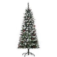 Albero di Natale Innevato Artificiale 150cm con Bacche Rosse e Pigne Bianche, Base Rimovibile Pieghevole, 408 Rami