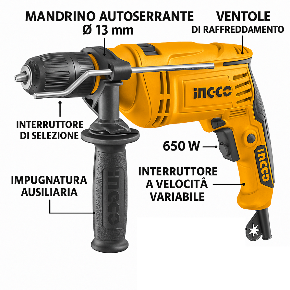 Trapano a percussione 650 watt velocità variabile funzione martello