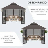 Gazebo da Giardino 3x3m con Zanzariera e Tetto a 2 Livelli, Mensole Laterali e Ganci, Caffè