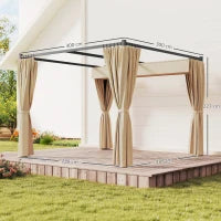 Pergola da Giardino con Tetto Retrattile e Tende, in Metallo e Poliestere, 300x300x227 cm, Beige