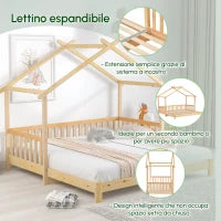 Letto a Casetta Espandibile con Ringhiera su Tre Lati, Letto per Cameretta, Letto Montessori, Senza Materasso, in Legno, 200x90 cm, Naturale