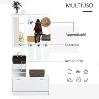 Set Mobili Ingresso Moderno con Scarpiera e Specchio, Appendiabiti da Ingresso con 6 Ganci, 2 Ripiani Regolabili e Cassetti in Legno per Corridoio, 90x24x177 cm, Bianco