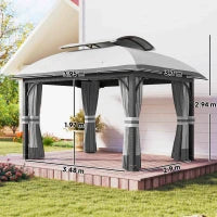 Gazebo da Giardino 4x3 m con Zanzariere e Doppio Tetto, in Metallo e Poliestere Grigio Chiaro