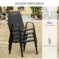 Sedie da Giardino Set 4 Pezzi con Braccioli, in Metallo e Tessuto Traspirante, 70x54x90cm, Nero