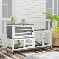 Conigliera a 2 Livelli con Rampa e 3 Vassoi, in Legno di Abete e Acciaio, 147x45x89.5 cm, Grigio e Bianco