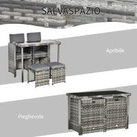 Set 11 Pz Tavolo da Giardino con Sedie, Pouf e Cuscini, in Rattan PE, Grigio