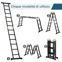 DURHAND Scala in Alluminio 5 in 1 Nera per Interni ed Esterni, Carico Massimo 150kg, 370x61x11 cm