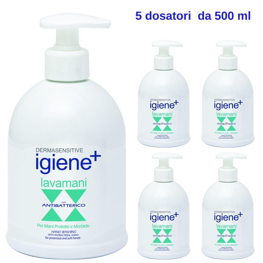 Sapone liquido lavamani igiene+ 5 dosatori da 500 ml con antibatterico