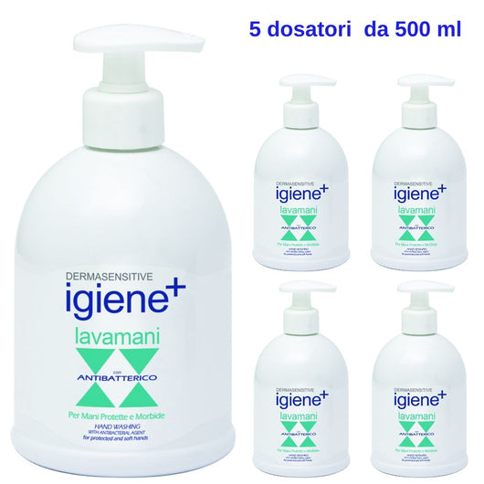 Sapone liquido lavamani igiene+ 5 dosatori da 500 ml con antibatterico