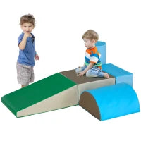 Set Costruzioni Morbide per Bimbi 1-3 Anni con 5 Blocchi Colorati, Set da Gioco Blocchi Morbidi per bambini in Finta Pelle e Schiuma, Marrone, Cachi, Blu, Verde e Celeste