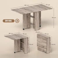 Tavolo a Ribalta con 2 Ripiani Inferiori per 6 Persone Max, in Legno 140x75x74 cm, Grigio