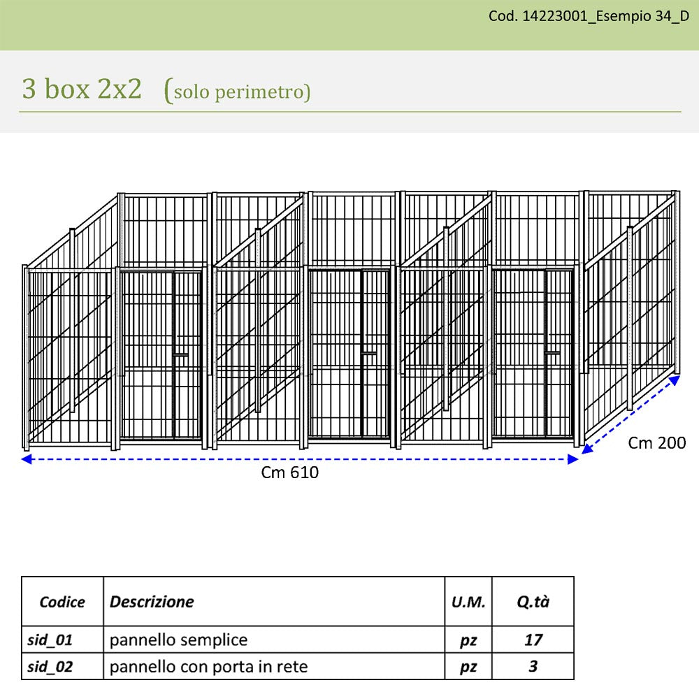 3 box in linea in rete per cani perimetrali ciascuno da 2x2 metri con zincatura a caldo